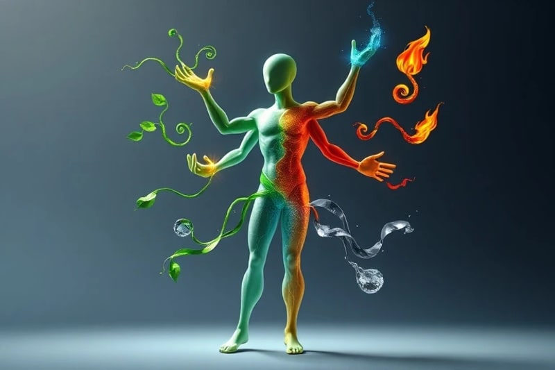Abstract digital art showing a leader influenced by the Five Elements (Wood, Fire, Earth, Metal, Water) in a corporate setting.