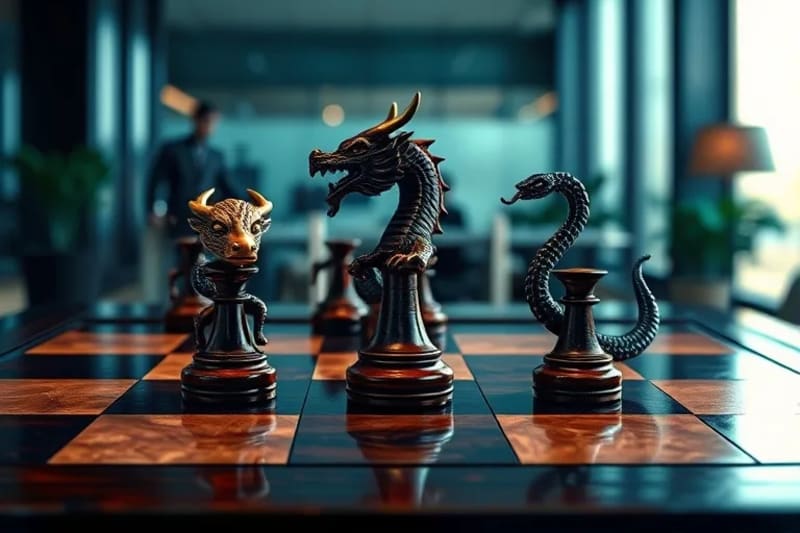 Symbolic chessboard with Chinese Zodiac animal pieces, representing strategic corporate dynamics.