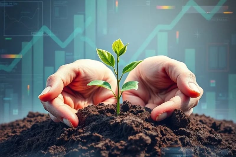 Manos que nutren un pequeño brote, con elementos abstractos de negocios en el fondo, simbolizando el capitalismo consciente y el crecimiento sostenible.