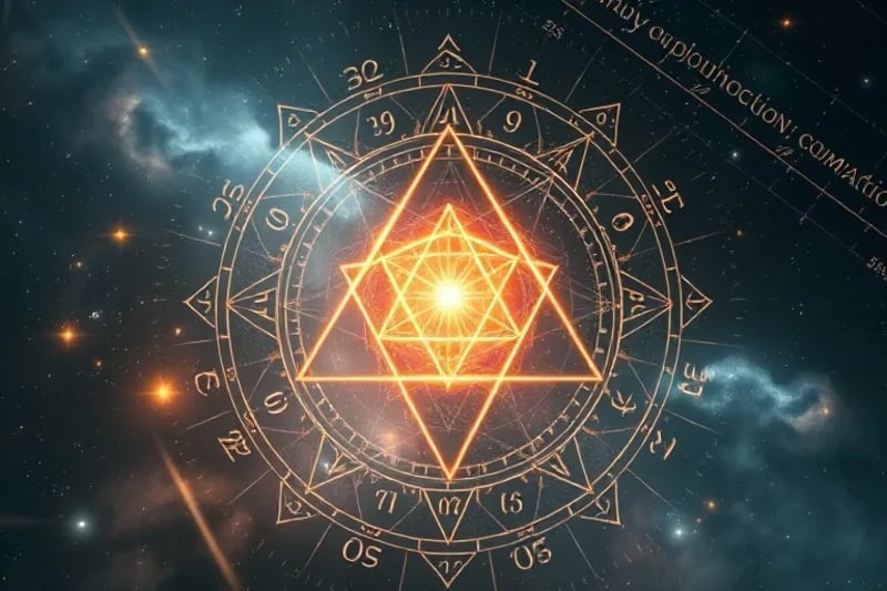 Representación mística de números y cosmos fusionándose con símbolos astrológicos, iluminados por un brillo cálido que sugiere armonía entre leyes universales y destino individual.