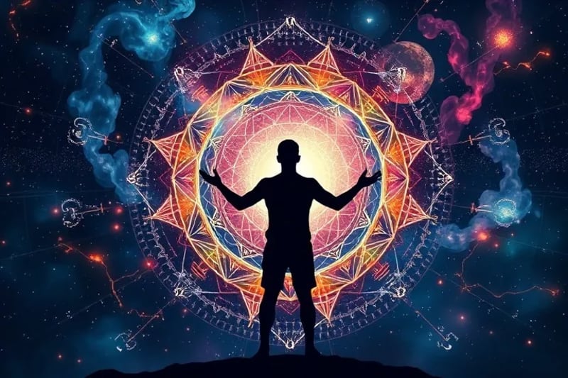 Representación digital abstracta de una persona descubriendo su potencial, con números y símbolos astrológicos entrelazados en un vórtice de luz y color.