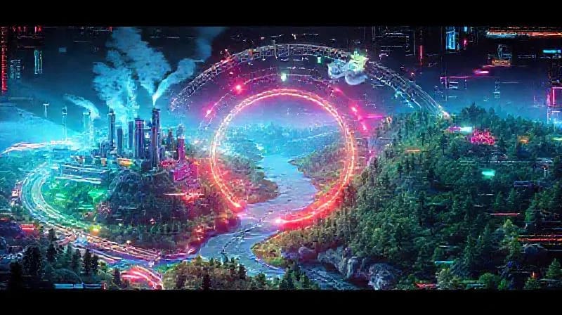Visualización 3D detallada de un ciclo de economía circular, donde los residuos se transforman en recursos que nutren un paisaje natural restaurado y próspero.