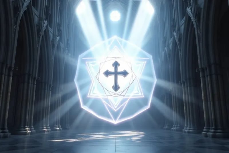 Representación 3D abstracta de un escudo protector con símbolos de fe