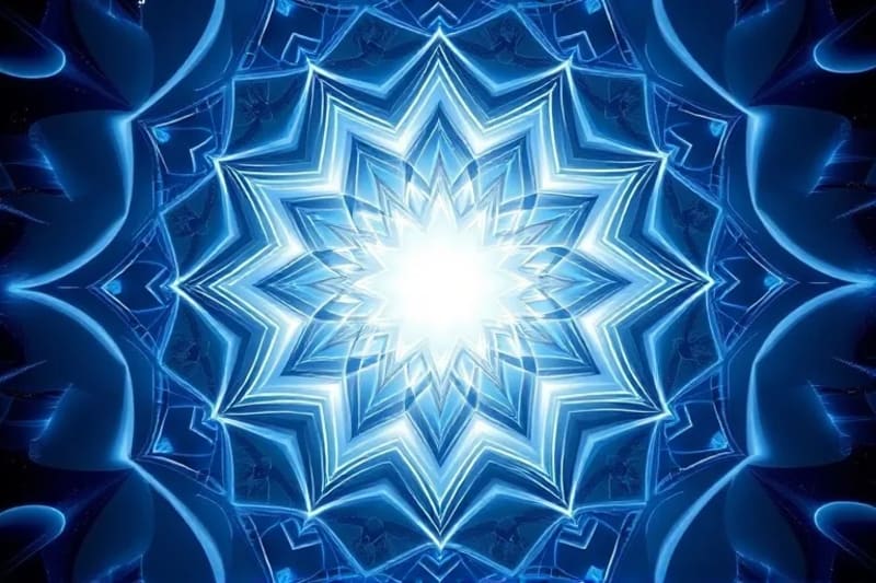 Abstract digital painting of synchronized light and sound waves merging into a central point of white light, symbolizing energetic coherence