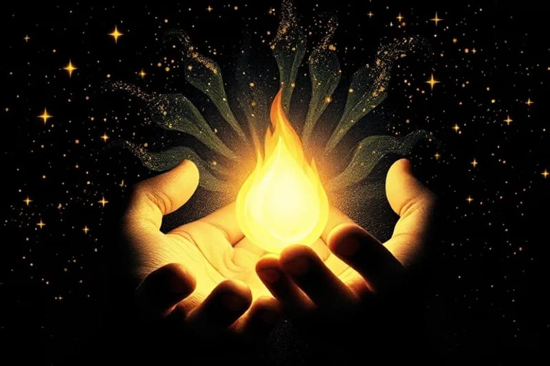 3D render of glowing hands cupping a miniature galaxy or blossoming seed of light, symbolizing creation and manifestation