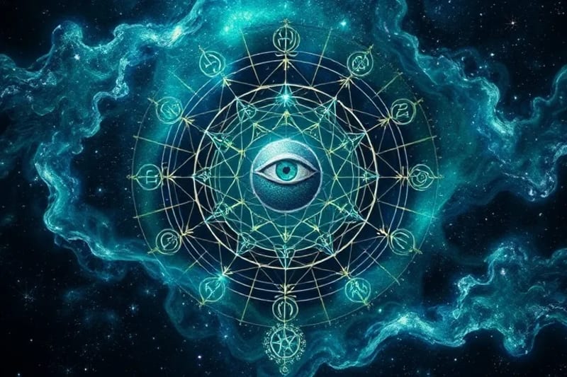 A digital painting of intricate esoteric symbols like the Ouroboros and Tree of Life woven into a cosmic tapestry, glowing with inner light.