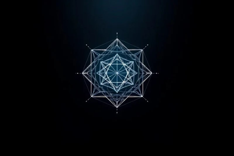 An abstract 3D render of a perfectly balanced geometric shape floating in space, connected by subtle light lines to orbiting particles, symbolizing universal order.
