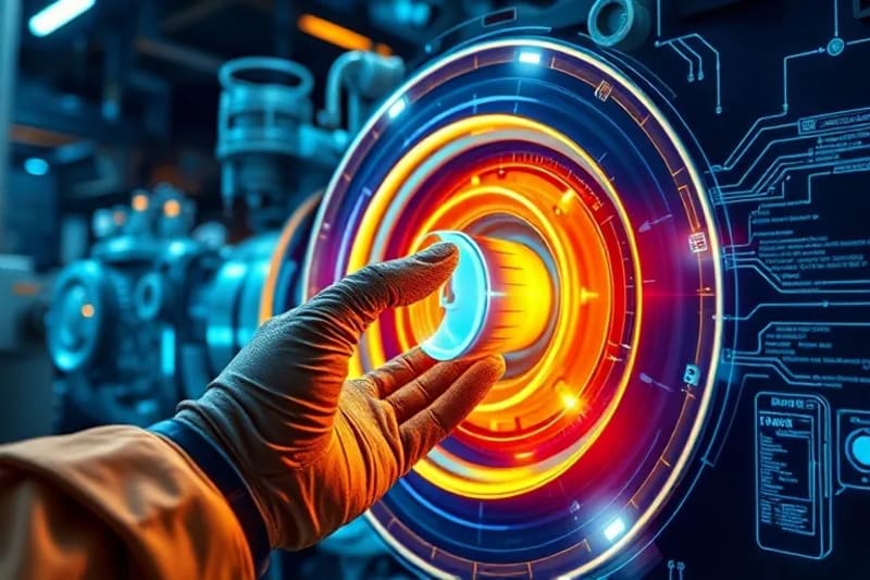 Mano de técnico interactuando con una interfaz holográfica que muestra datos de sensores, gráficos de rendimiento y alertas de mantenimiento predictivo sobre una máquina industrial.