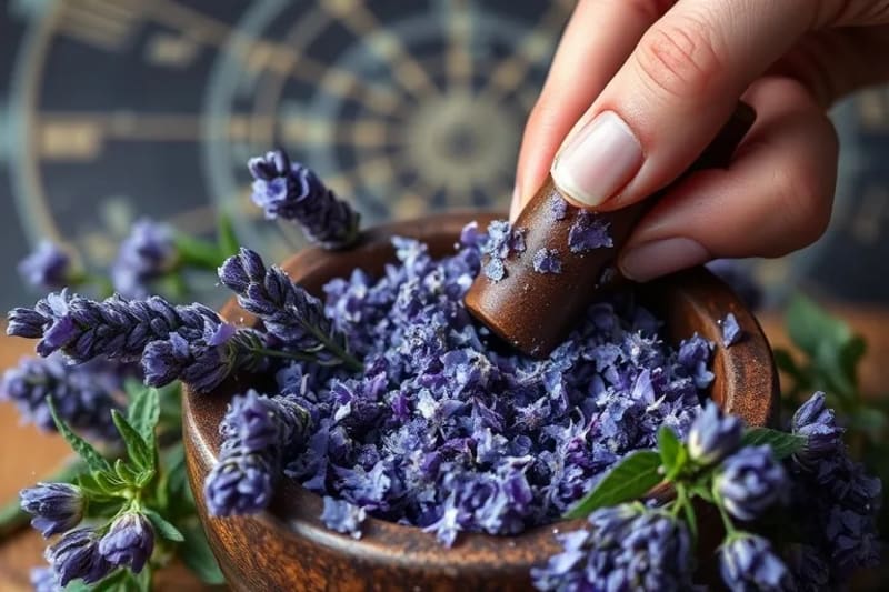Primer plano de una mano moliendo lavanda en un mortero, rodeada de hierbas frescas