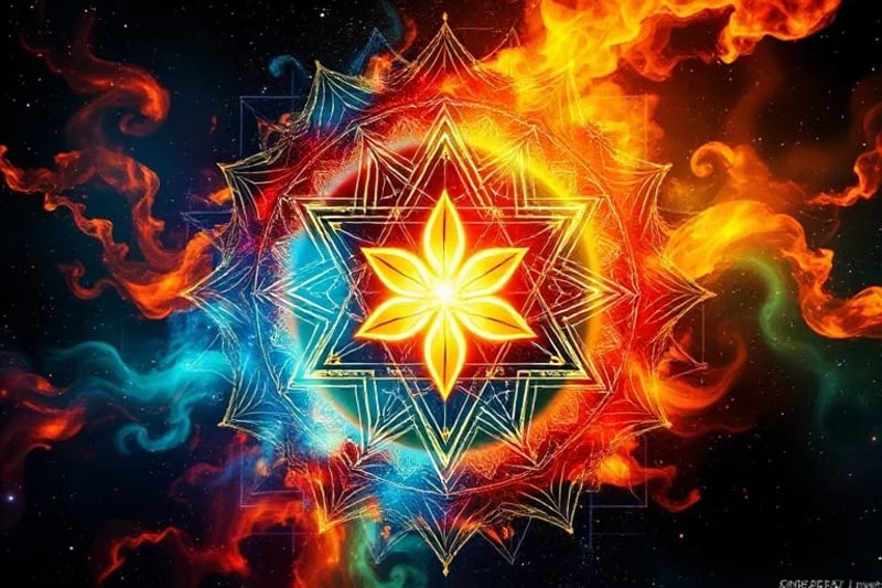 Pintura digital abstracta de patrones de luz y colores zodiacales entrelazados con símbolos botánicos