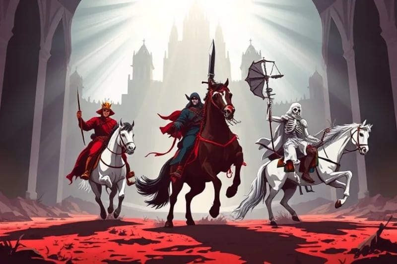 Ilustración estilizada de los cuatro jinetes del Apocalipsis, cada uno con su caballo de color distintivo y símbolos de guerra, hambruna, muerte y conquista.