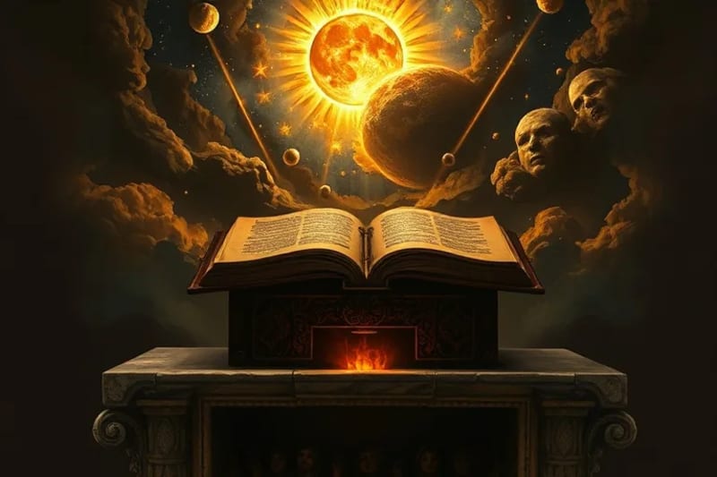 Pintura al óleo dramática de un cielo apocalíptico con estrellas cayendo y el sol oscurecido, mientras abajo, figuras etéreas representan a los mártires bajo un altar, buscando consuelo divino.