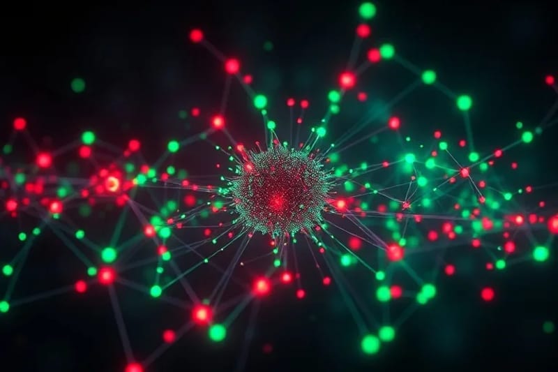Red abstracta de nodos y líneas, con zonas rojas de riesgo y verdes de oportunidad, convergiendo en un núcleo de IA.