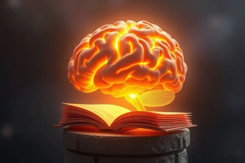 Modelo 3D estilizado de un cerebro emitiendo ondas de luz suaves, representando la influencia espiritual y el crecimiento de la conectividad neuronal.