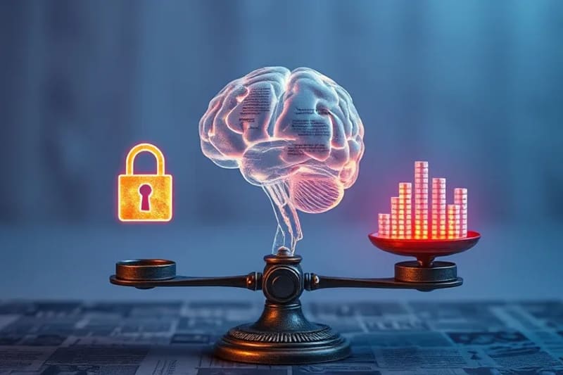 Una balanza digital con símbolos de privacidad y sesgo, representando los dilemas éticos en la aplicación de la IA en la salud mental.