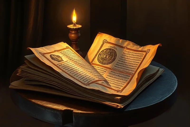 Manuscritos antiguos y pergaminos iluminados con símbolos religiosos, bajo la luz de una lámpara de aceite