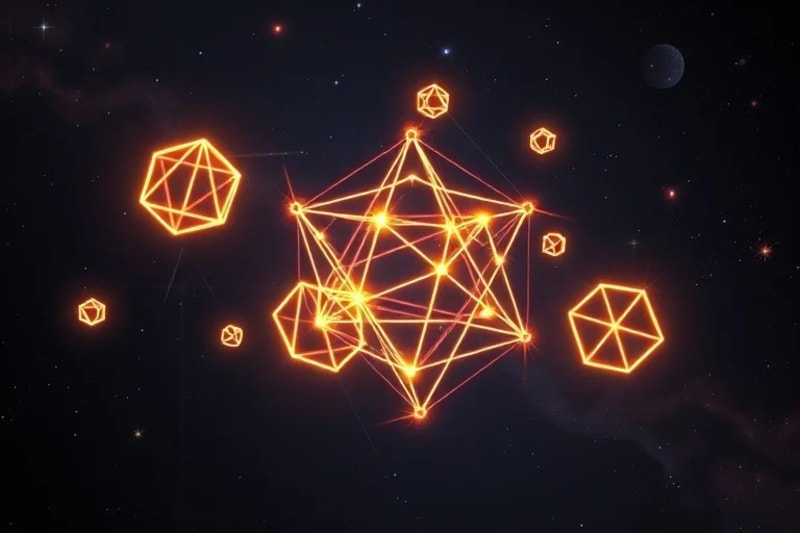 Render 3D abstracto de formas geométricas interconectadas y sólidos platónicos que giran en un vacío cósmico oscuro con estrellas y nebulosas