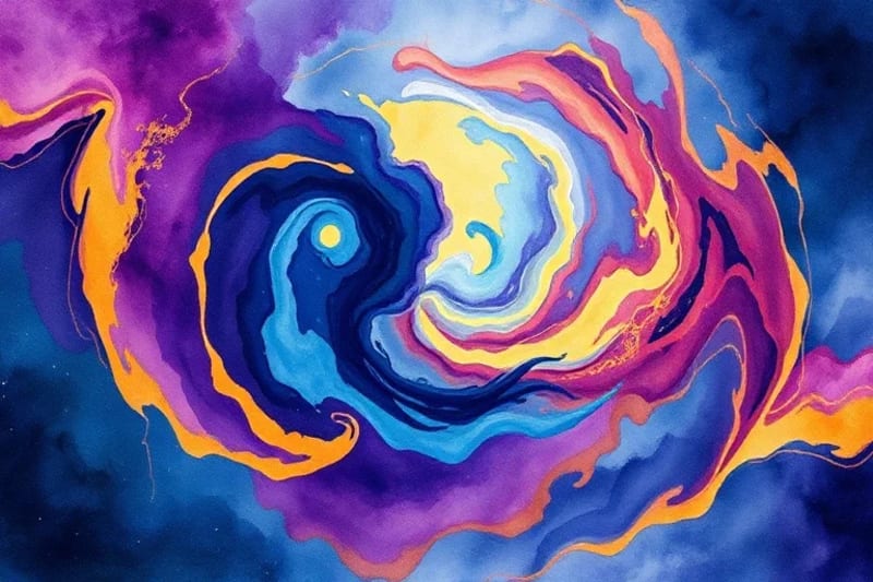 Abstract representation of inner transformation with swirling colors and geometric patterns.