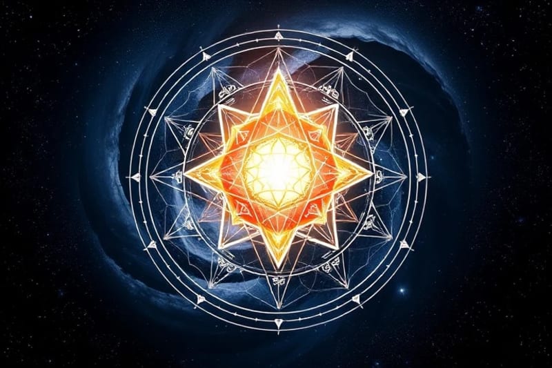 Stylized glowing crystal formation at the center of a cosmic vortex with planetary symbols.