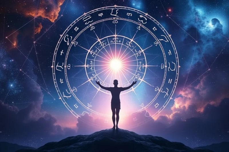 Constelaciones zodiacales formando un camino hacia una luz etérea, con una figura abstracta conectada a ellas, simbolizando la manifestación astral.