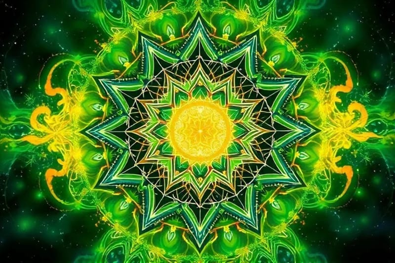 Representación abstracta de alineación vibracional con patrones geométricos y energía fluyendo, integrando símbolos de elementos zodiacales.
