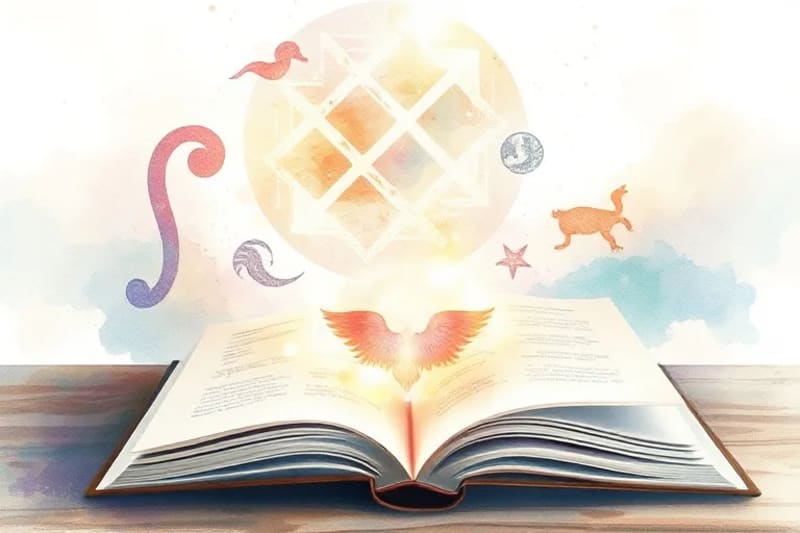 Ilustración de un libro abierto con símbolos zodiacales emergiendo, rodeado de suaves acuarelas, representando sabiduría interior y descubrimiento.
