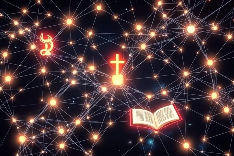 Render 3D de una red compleja de hilos etéreos y luminosos que forman una telaraña intrincada, simbolizando la historia papal y la profecía, con nodos iluminados que representan eventos o símbolos proféticos sobre un fondo cósmico.