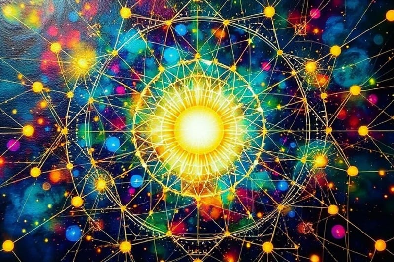 Abstract digital painting of interconnected energy lines and geometric patterns