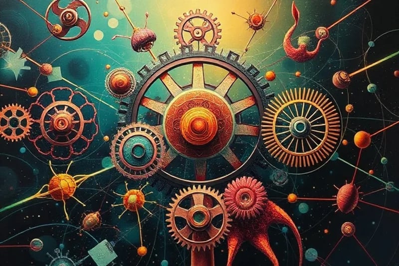 Pintura digital de engranajes interconectados y estructuras biológicas estilizadas, simbolizando el equilibrio hormonal