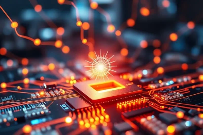 Render 3D abstracto de una red compleja de senderos de luz y puntos de datos, simbolizando la integración de información genómica y biométrica