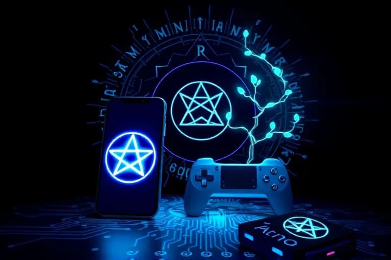 Stylized smartphone displaying abstract geometric patterns forming a pentagram, with a retro video game controller intertwined with digital pixels