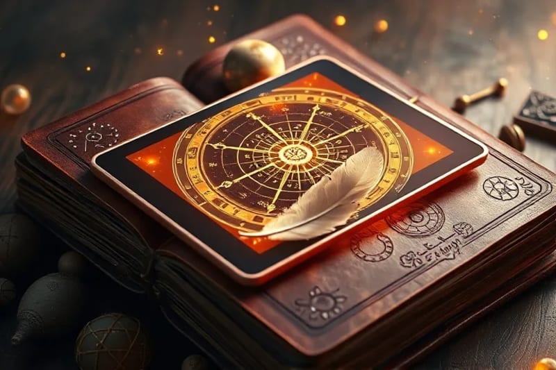 Antique leather-bound book with a glowing digital tablet displaying an astrological chart, surrounded by floating digital glyphs and emojis