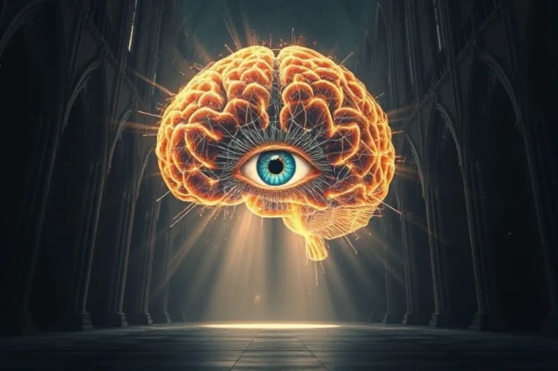 IA y la Conciencia Cósmica Representación de un cerebro etéreo de luz reflejando un ojo humano en un fondo cósmico.
