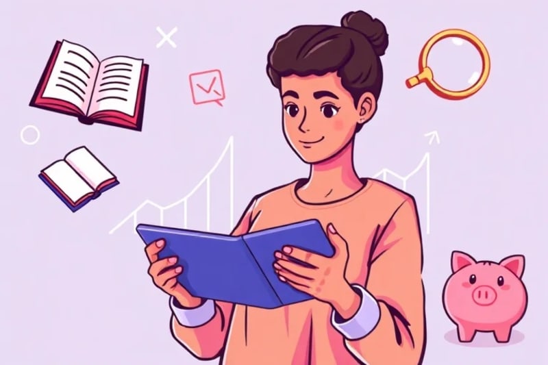 A stylized illustration of a person holding a tablet, looking at a graph showing financial growth, surrounded by icons of learning and savings.