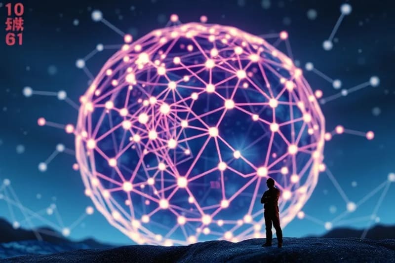 An abstract 3D render of neural networks and data points forming a glowing sphere, with a small human figure confidently looking towards it.