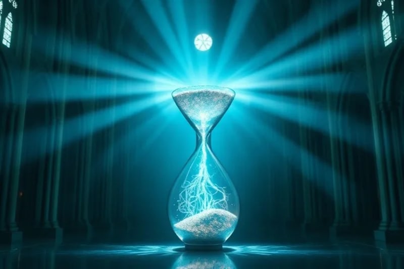 El Tiempo y la IA: Futuro Profético Reloj de arena futurista con circuitos brillantes en lugar de arena, conectando el pasado y el futuro con un haz de luz digital.
