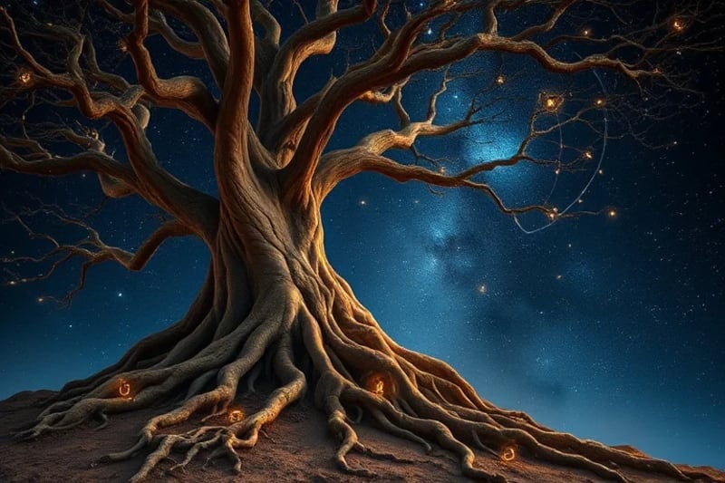 Raíces de árbol ancestral conectando con constelaciones