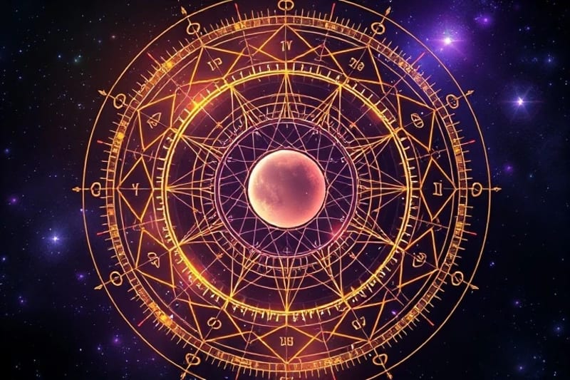 Stylized birth chart with lunar node symbol