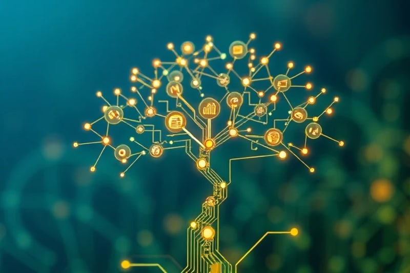 Representación digital de una red interconectada con símbolos de sostenibilidad, como energía limpia y conservación, que ilustra un futuro próspero.