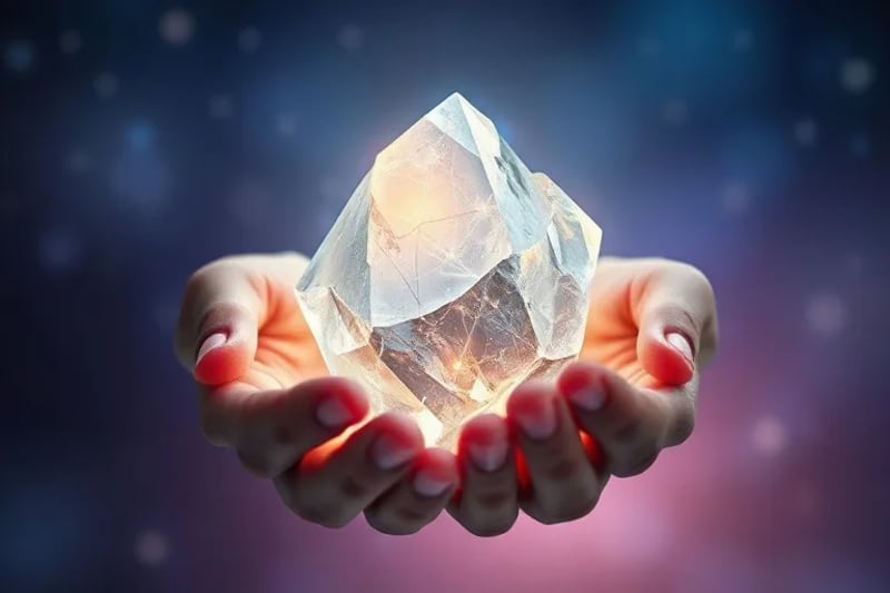 Manos etéreas sosteniendo un cristal fragmentado que irradia luz, simbolizando sanación