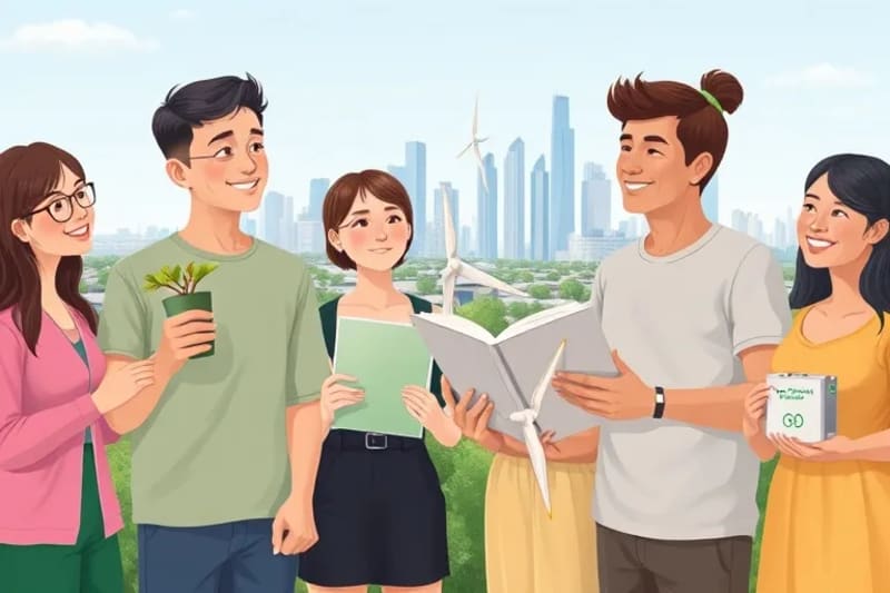 Ilustración vectorial de un grupo diverso de personas, cada una con un símbolo de inversión sostenible como plantas o turbinas eólicas, mirando hacia un futuro verde.
