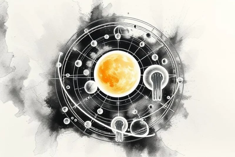 Vector art showing planetary orbits interacting with interconnected human figures, symbolizing cosmic influence.