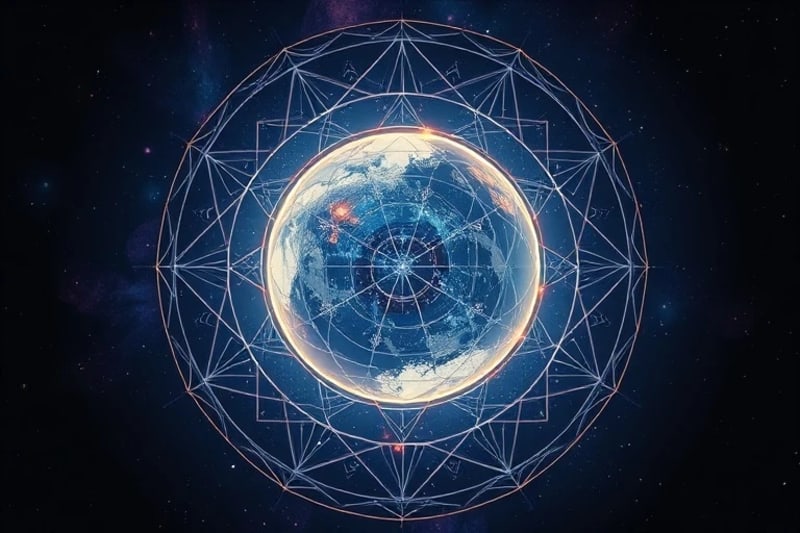 Digital painting of a pulsating sphere of collective consciousness with rhythmic light patterns, symbolizing cosmic influence.