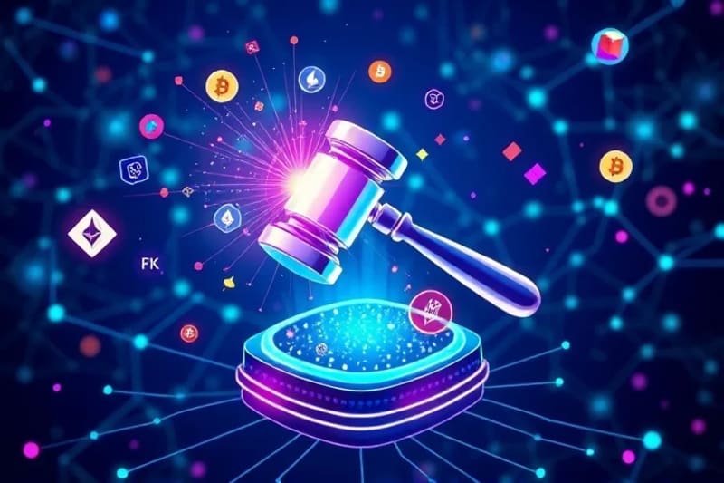 Ilustración vectorial de un mazo digital golpeando un libro de contabilidad blockchain, rodeado de símbolos de tokens no fungibles y criptomonedas, representando el arbitraje digital.