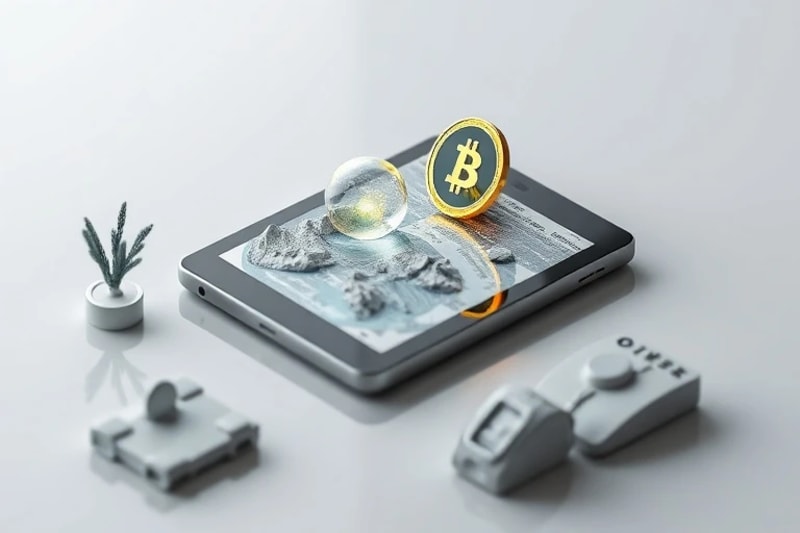 Bodegón conceptual con una parcela de tierra virtual translúcida, un token NFT brillante y un fragmento de código de contrato inteligente en una tableta digital, sobre una superficie reflectante.