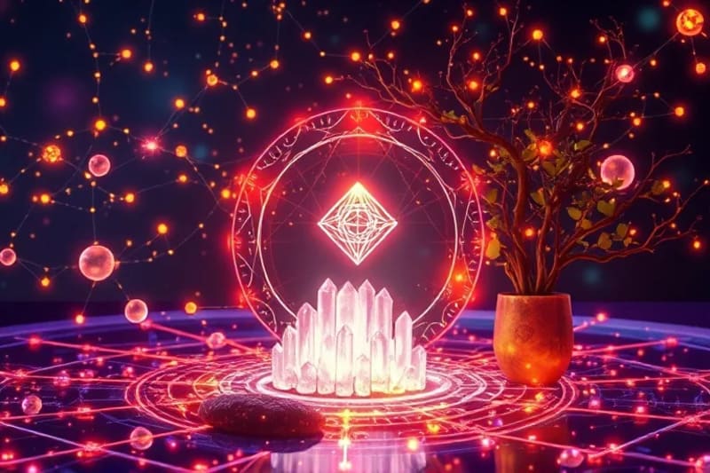 Representación de una red digital entrelazada con elementos de Feng Shui como cristales, plantas y un flujo de energía sutil