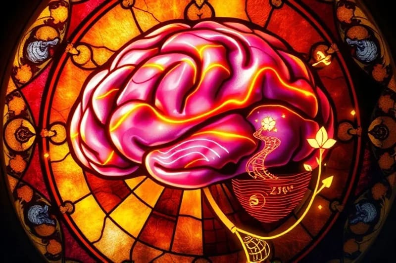 Stylized glowing neural pathways connecting to symbols of abundance, representing subconscious reprogramming