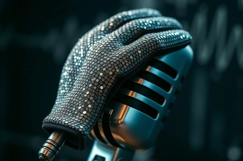 A glistening sequined glove resting on a vintage microphone, illuminated by digital sound waves.