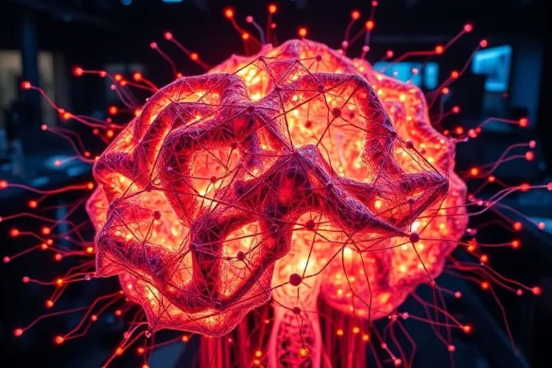 A glowing neural network sculpture intertwined with musical notes and abstract data streams, in a futuristic studio.