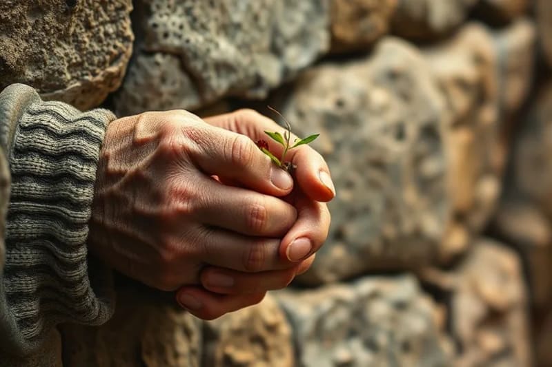 Manos envejecidas cuidando una planta pequeña en una pared de piedra
